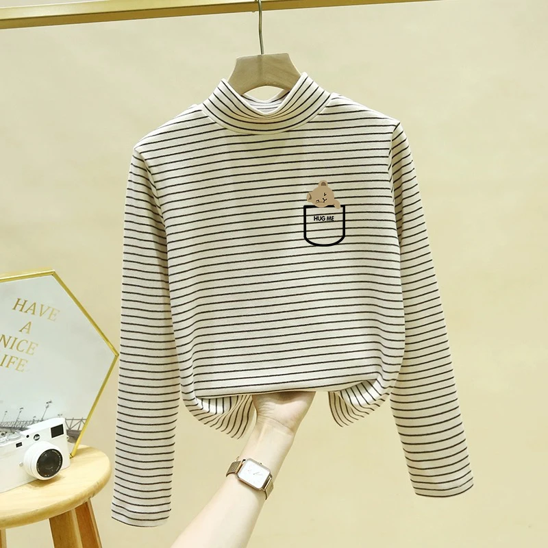 德绒条纹打底衫女款半高领长袖t恤加绒加厚秋冬内搭上衣保暖正肩