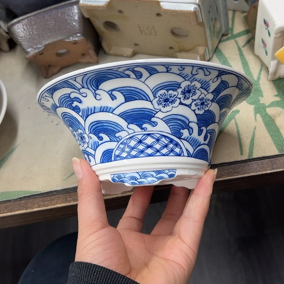 花盆紫砂465号瑕疵17/7cm仿手绘海浪花纹