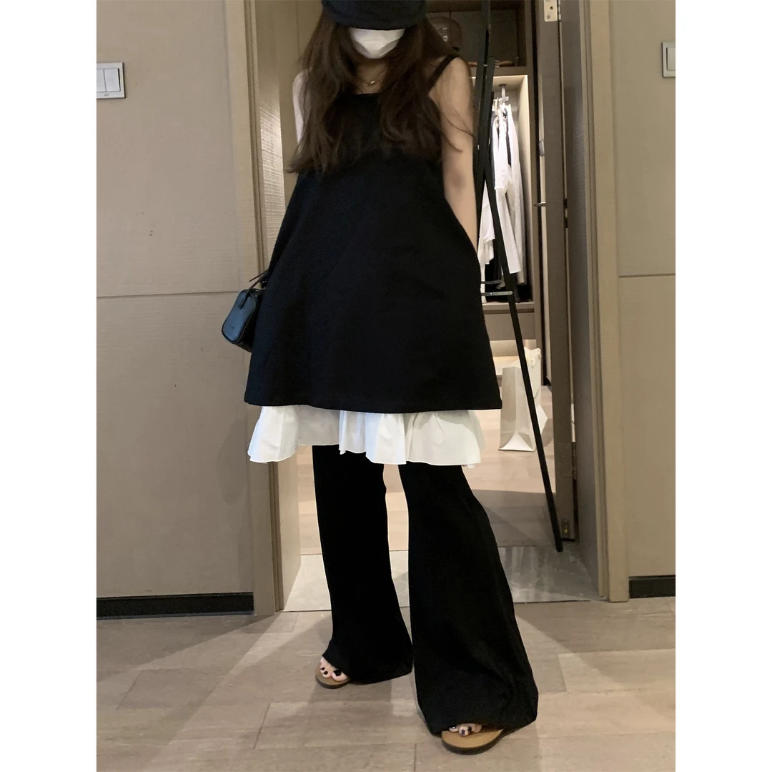 气质极简花边亚麻吊带背心裙2025夏日新品可调节肩带扣吊带连衣裙