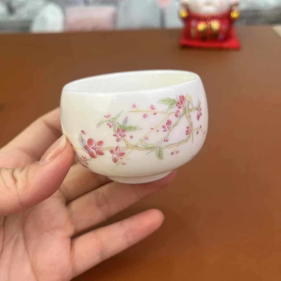 陶瓷紫藤花品茗杯家用喝茶杯大容量禅定杯中式个人自用主人杯茶碗