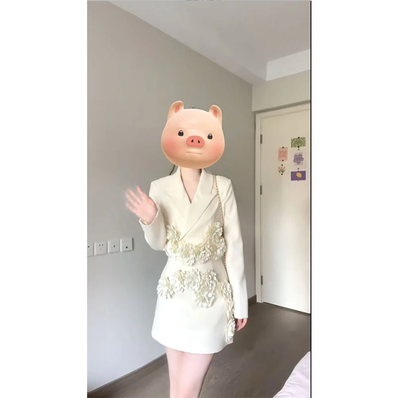 气质女神范高端套装春季新款法式立体花朵短款西装外套裙子两件套