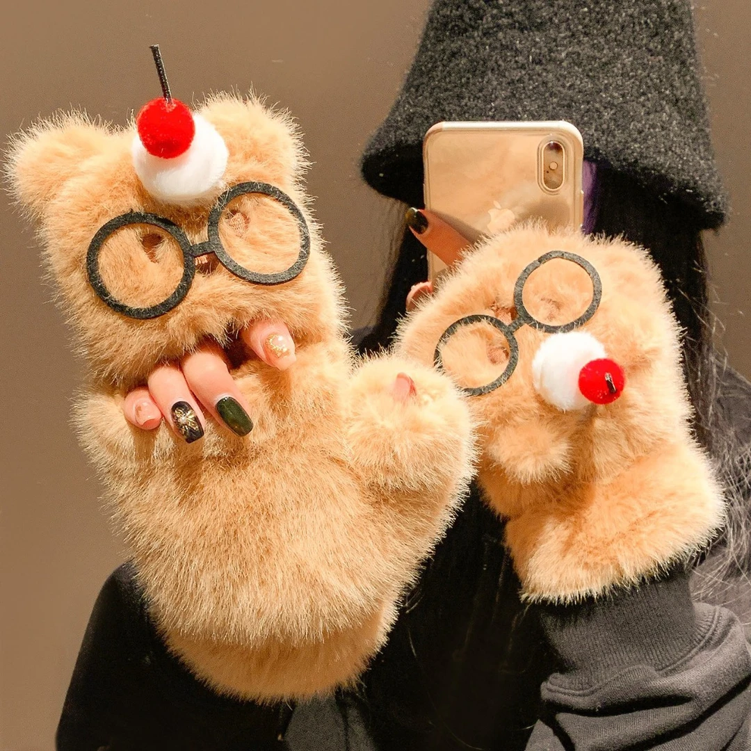 可爱眼镜小熊毛绒半指翻盖手套女冬季卡通百搭可触屏防寒防风保暖