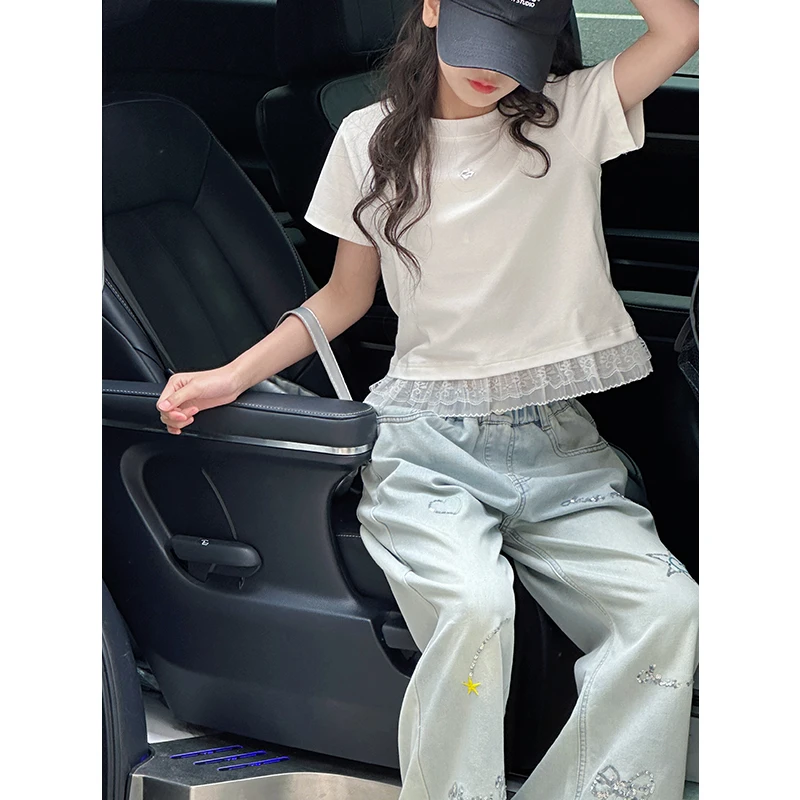 K28526芭蕾风女童短袖T恤2025新款夏装儿童上衣休闲大童短款衣服t