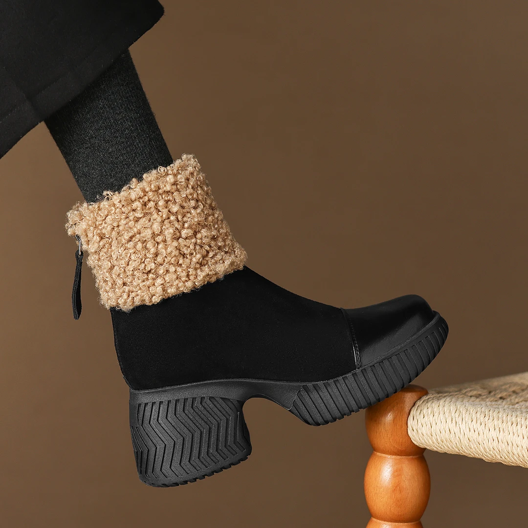 小个子手工女鞋7.5cm~秋冬复古风加绒保暖雪地靴百搭厚底增高短靴