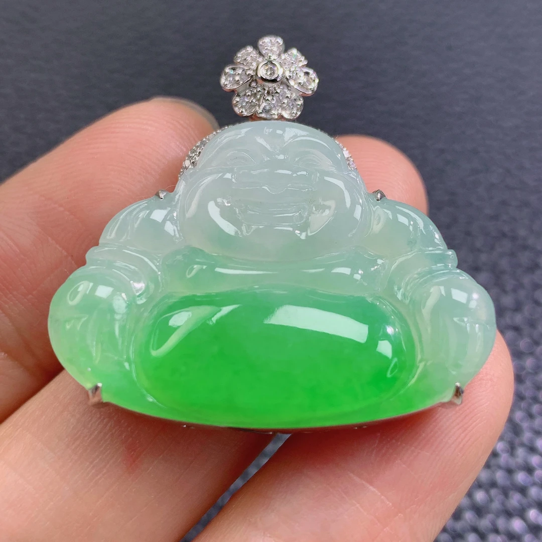 天然缅甸A货翡翠冰种白底飘阳绿弥勒佛镶嵌18k金吊坠