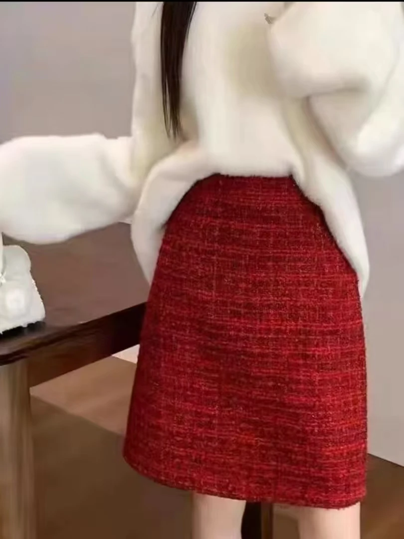 滨莉家8258新款高级感亮闪闪粗花呢高腰显瘦包臀A字半身裙