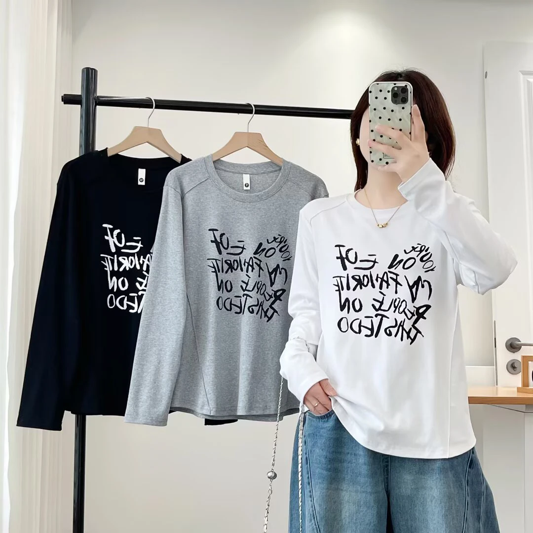 女字母长袖T恤宽松显瘦大码女装印花t恤休闲设计感春秋长袖打底衫