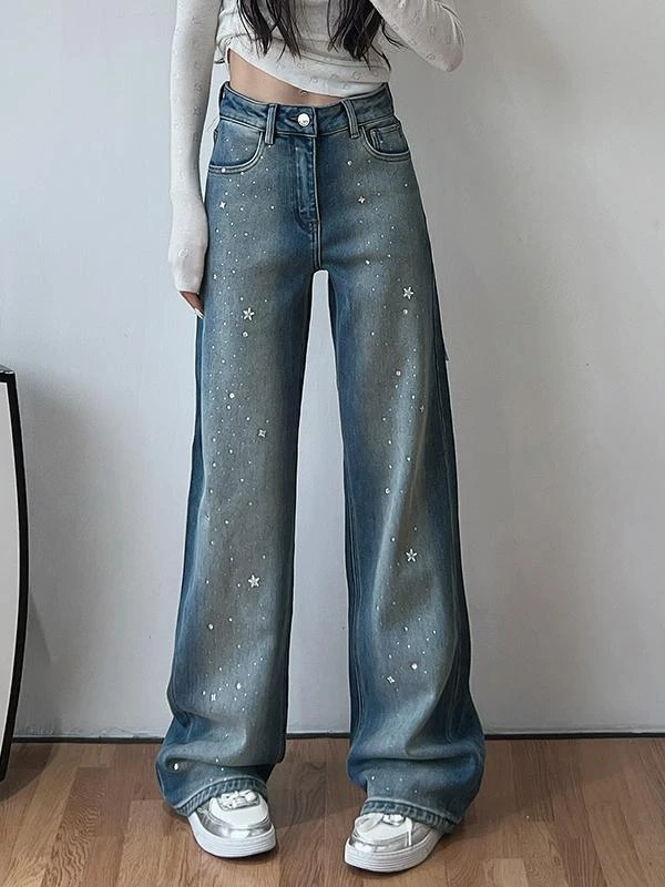 【整款】轻奢欧货重工烫钻百搭高腰阔腿显高显瘦牛仔拖地长裤女