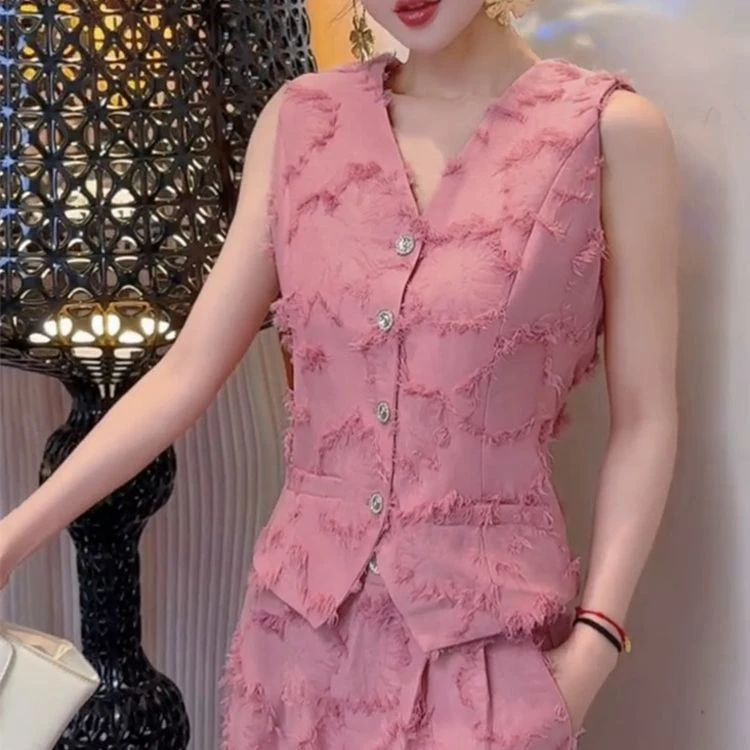 2025夏季网红新款香风套装女名媛风粉色毛边显瘦无袖上衣+直筒裤