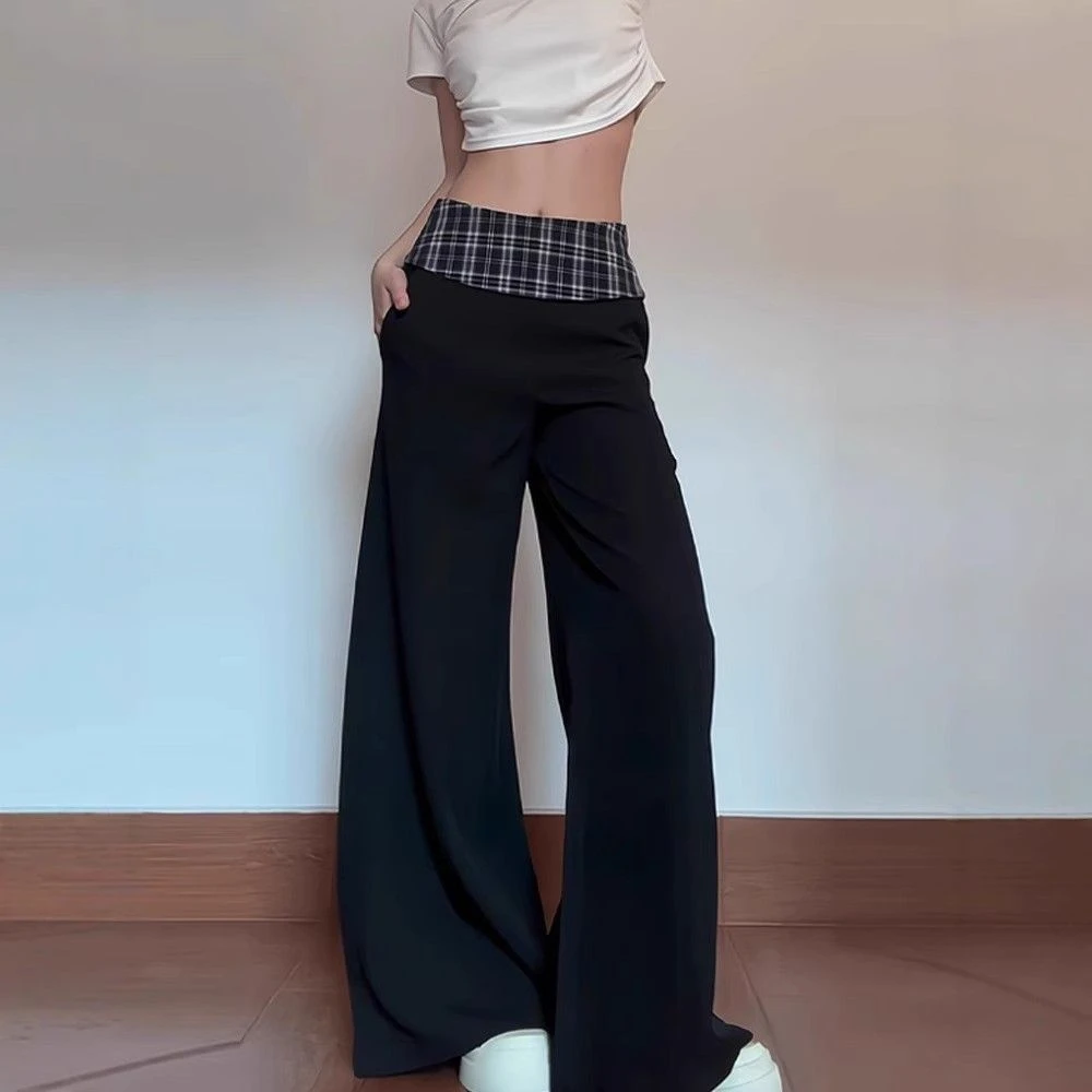 春夏秋季黑色格子拼接西装阔腿裤女新款宽松慵懒风垂感休闲拖地裤