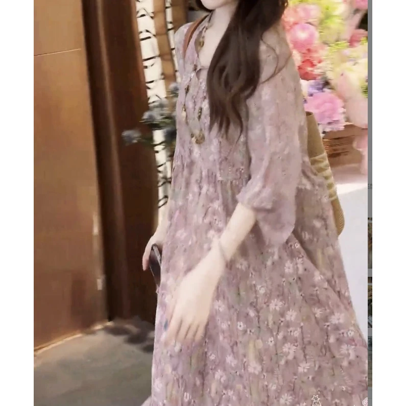 显瘦吊带连衣裙印花围巾领长袖轻奢时尚法式女装复古裙子碎花气质