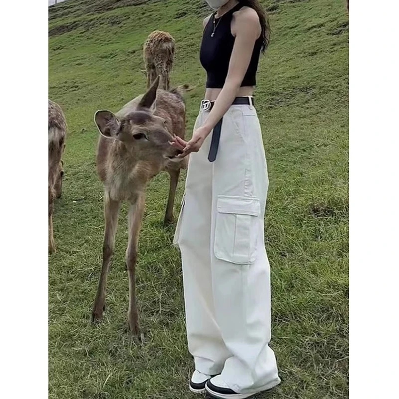 白色裤子女夏季2025新款直筒宽松小个子高腰美式工装阔腿牛仔裤