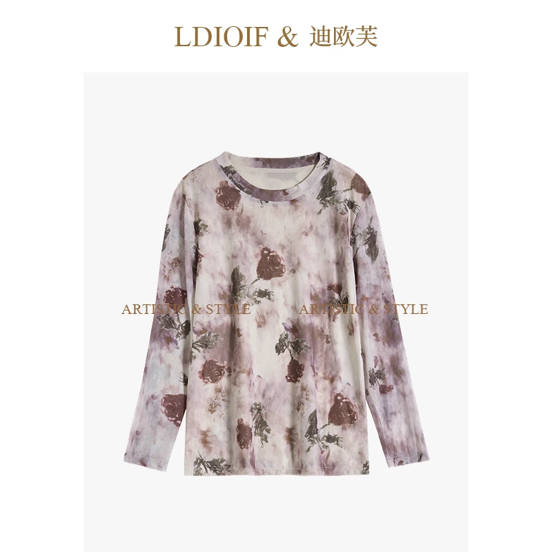 AN女装|高织油画定染/高弹蝴蝶网纱圆领长袖打底衫上衣#QSY4637M
