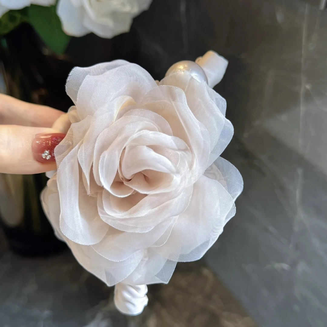 杨杨babytime 甜美软纱花朵抓夹13cm大发量粉色绑带少女风鲨鱼夹