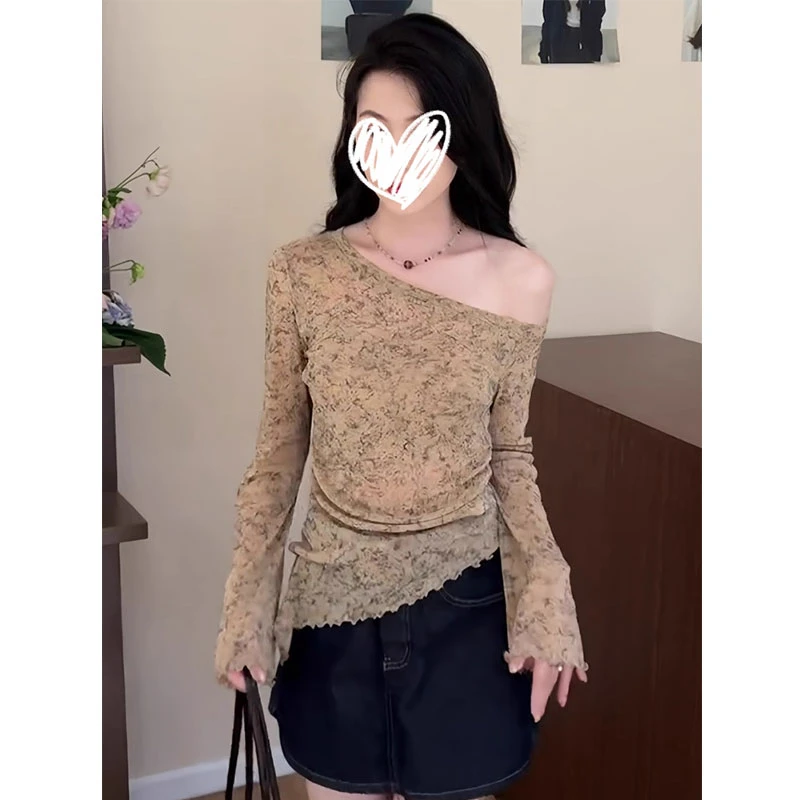 囿米不规则斜领露肩薄款长袖防晒T恤2025夏季韩系设计感上衣女装