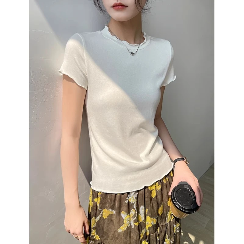 女士短袖t恤2025年新款夏季白色木耳边圆领内搭打底显瘦正肩上衣