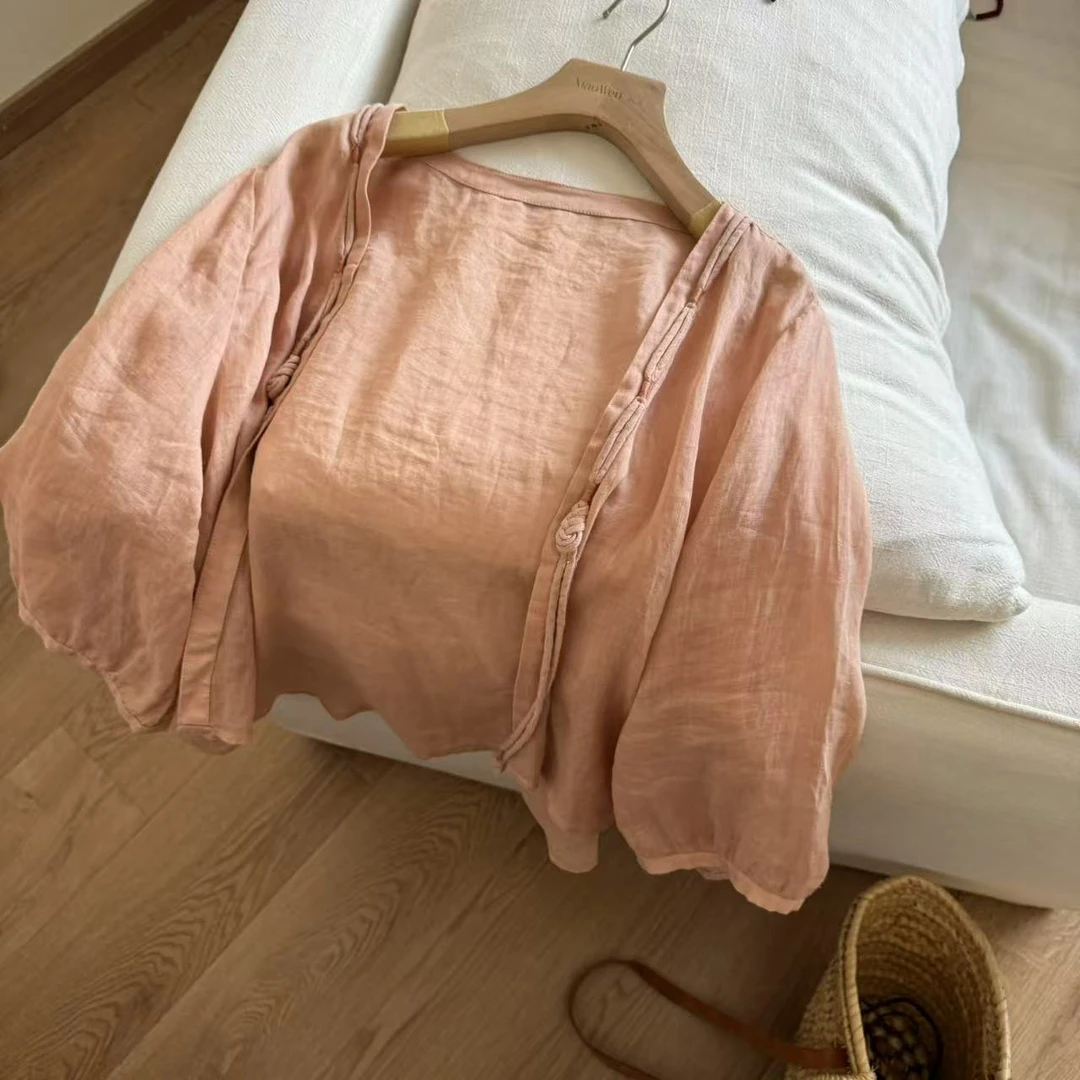 小文姐 W1304-100苎麻 长袖防晒罩衫上衣