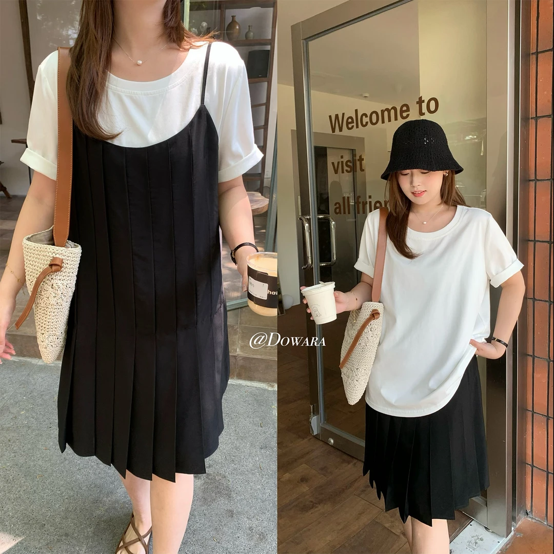 现货大婉酱微胖定制夏季新款设计吊带连衣裙百褶压褶连衣裙8176D