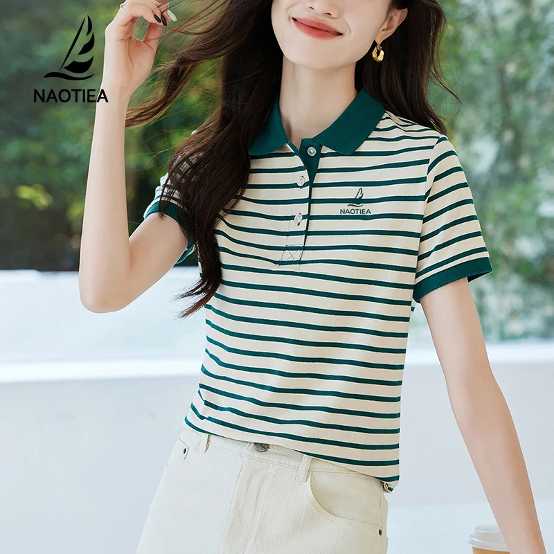 纳奥蒂尔小帆船时尚条纹短袖T恤女2025夏季新款大码POLO衫上衣