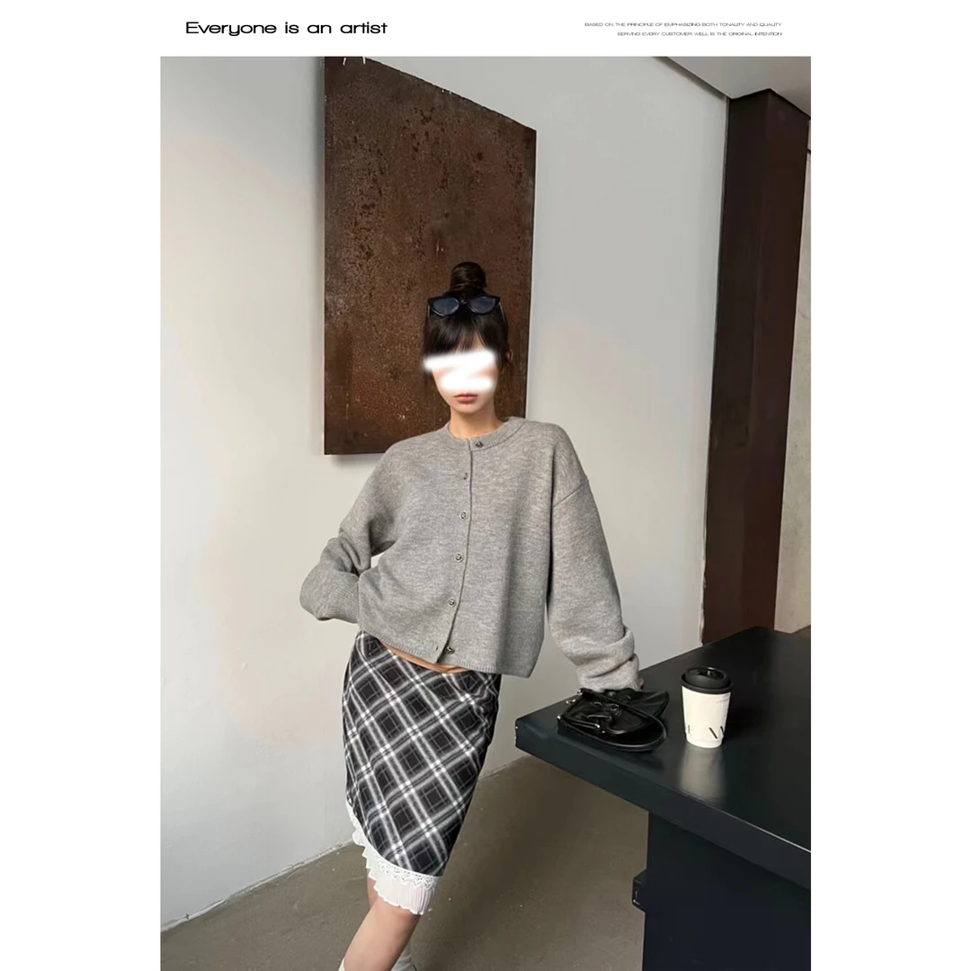 54616灰色慵懒长袖圆领针织毛衣外套