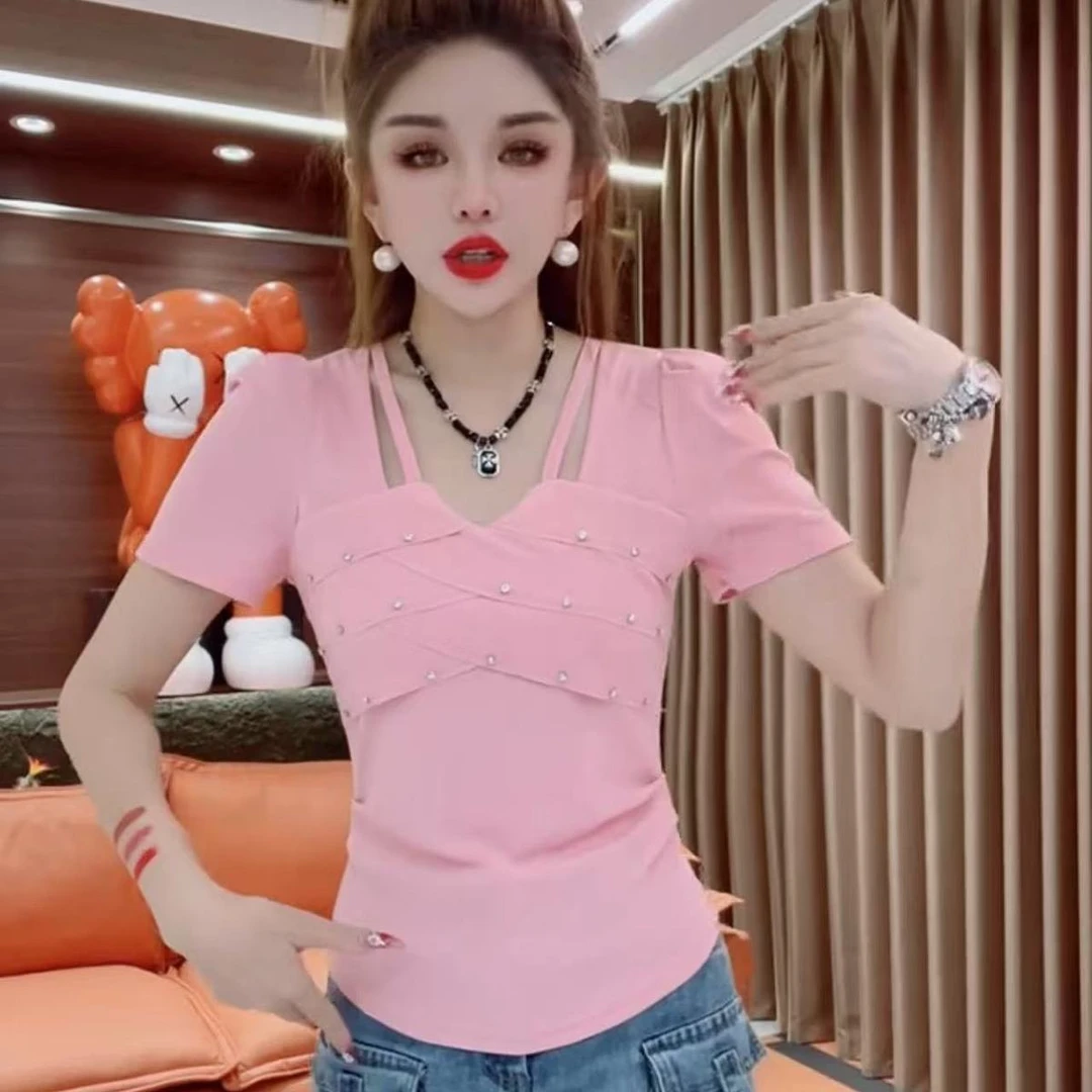 方领短袖纯色长袖韩版T恤u领t恤收腰夏季气质修身洋气短款