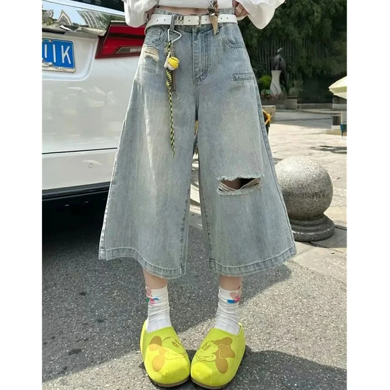 美式复古水洗破洞七分牛仔裤女2025夏季新款高腰宽松显瘦阔腿中裤