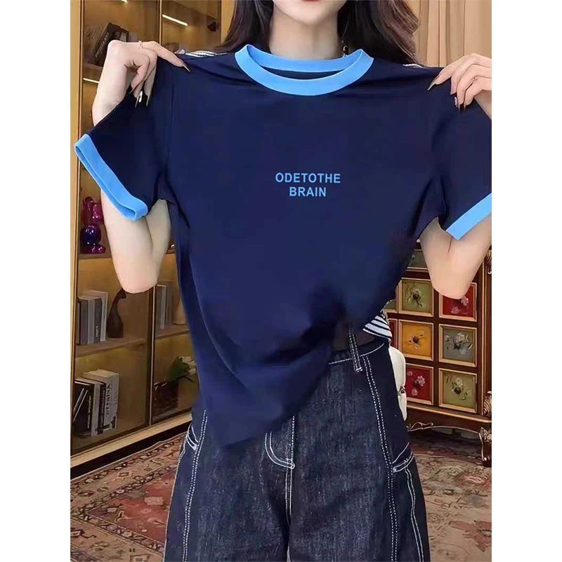 2025夏季新款正肩简约彩色领口拼接撞色t恤短袖小众设计感上衣女