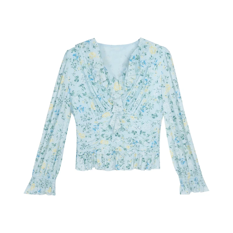 【她翼】夏季衬衫短款泡泡袖印花设计感收腰碎花CA0141361275