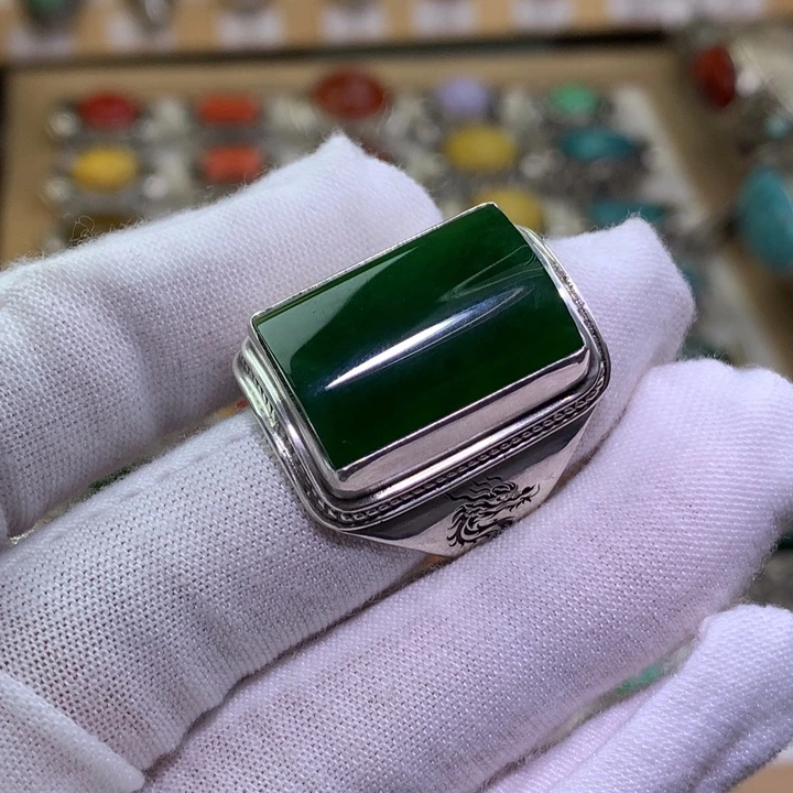 -***-和田玉（碧玉）足银镶嵌戒指