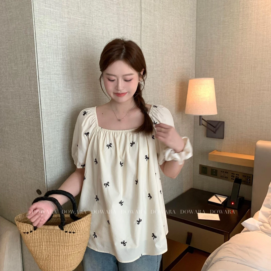 现货大婉酱肉肉微胖定制【云朵慕斯】方领蝴蝶结设计感上衣6715D