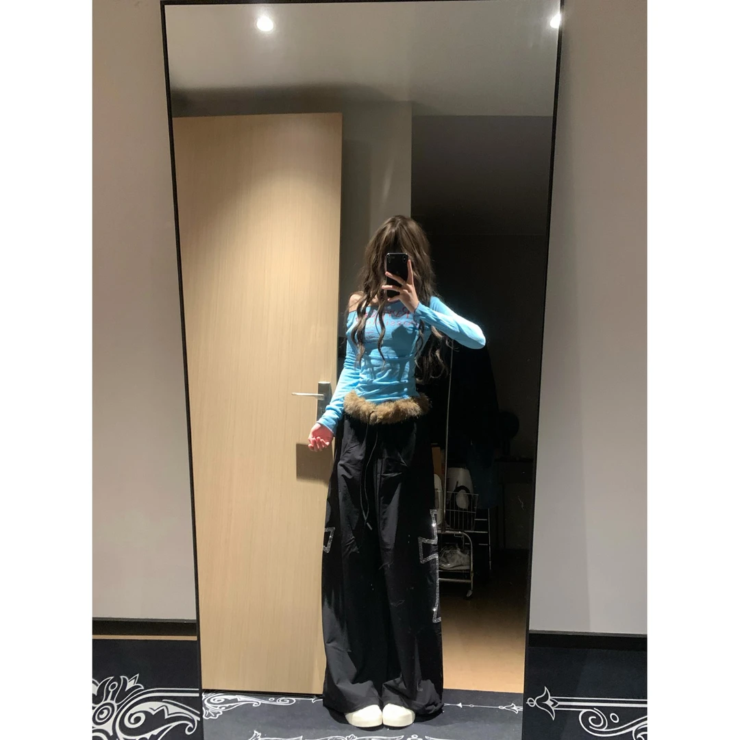 美式复古十字烫钻黑色休闲裤女2025早秋新款街头辣妹抽绳街舞裤子