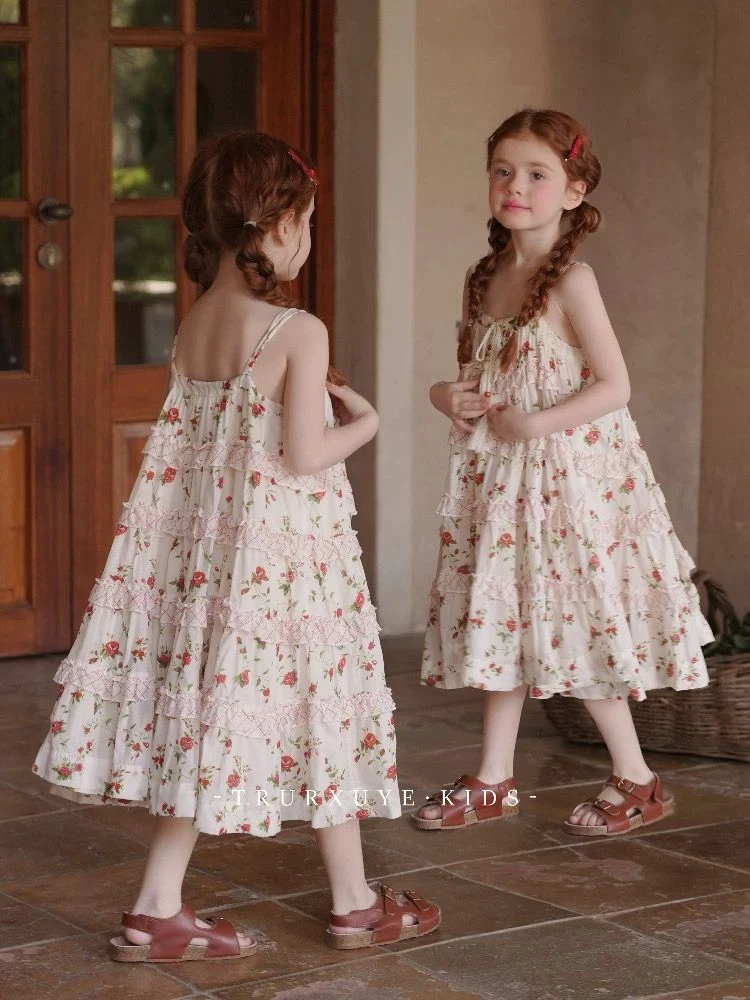 韩国童装女童碎花吊带裙2025新款女宝甜美度假风花边公主裙连衣裙