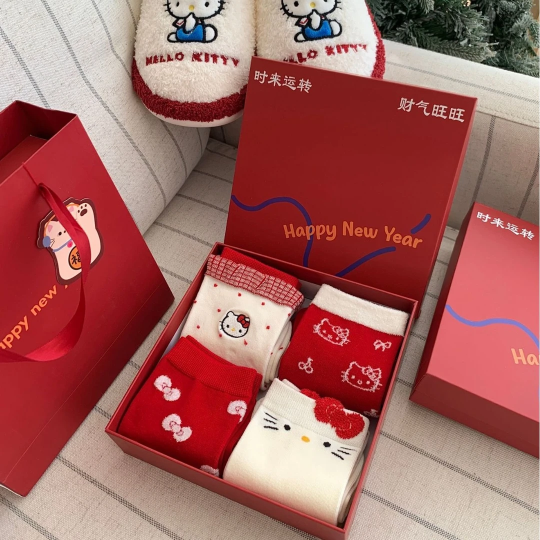 本命年红袜子女kt猫礼盒装过年红色棉袜新年礼物红袜子本命年属马