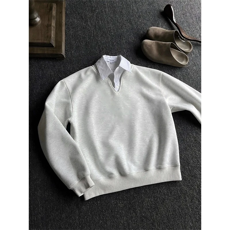 浅花灰条纹假两件卫衣男款秋季学院风boxy短宽版型V领长袖POLO衫