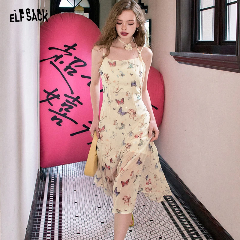 【诗语专属】妖精的口袋独占蝴蝶印花吊带连衣裙女2024夏季新款