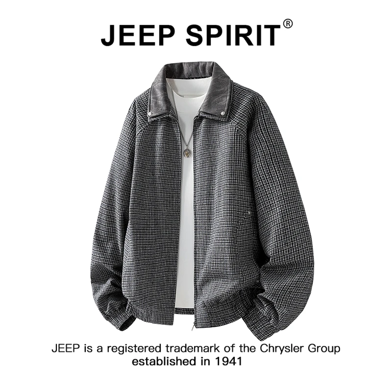 JEEPSPIRIT吉普老钱风格纹外套男秋季潮流高级感宽松复古翻领夹克