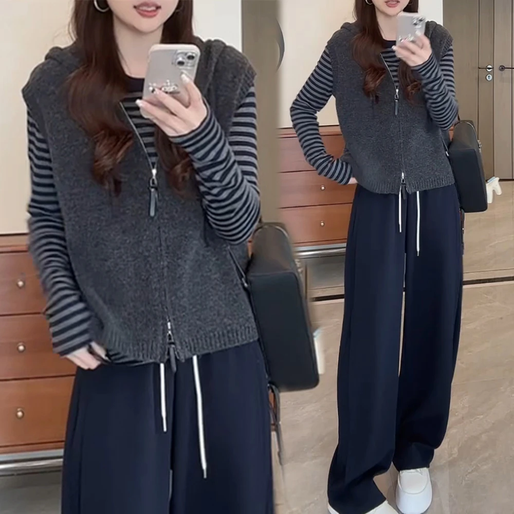 2025秋季新款减龄休闲女针织衫搭马夹显瘦休闲裤时尚套装潮流女士