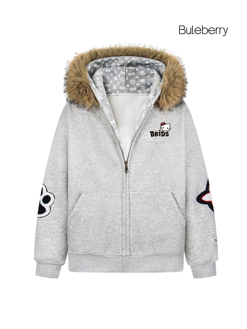 Blueberry秋冬宽松小众设计美式复古凯蒂猫毛领连帽外套字母刺绣