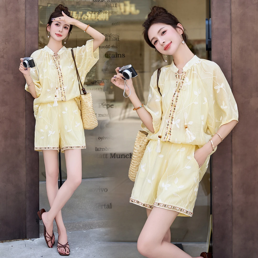 幻袖两件套刺绣短裤雪纺套装2025夏季休闲波西米亚风宽松衬衣女装