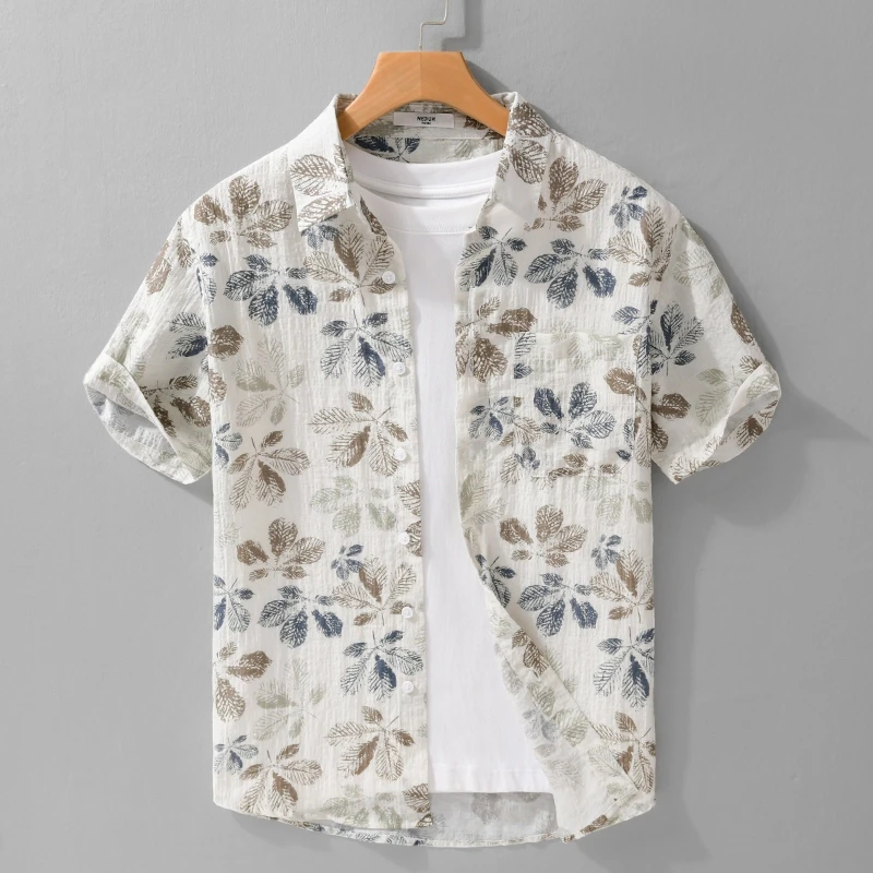夏季新款印花短袖亚麻衬衫男士痞帅棉麻薄款衬衣宽松休闲潮流寸衫
