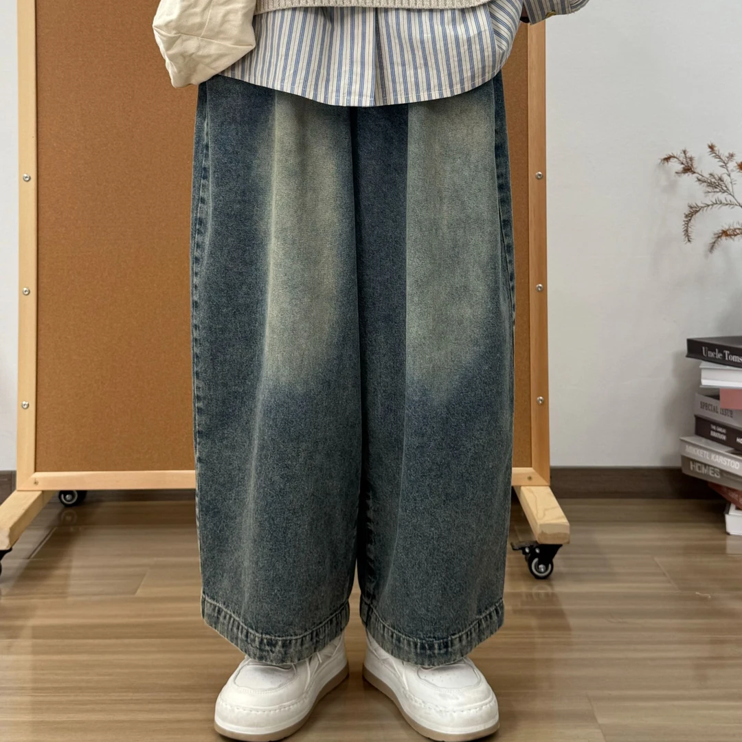 2025秋季新款高腰阔腿裤女长裤复古做旧百搭磨白牛仔裤日系直筒