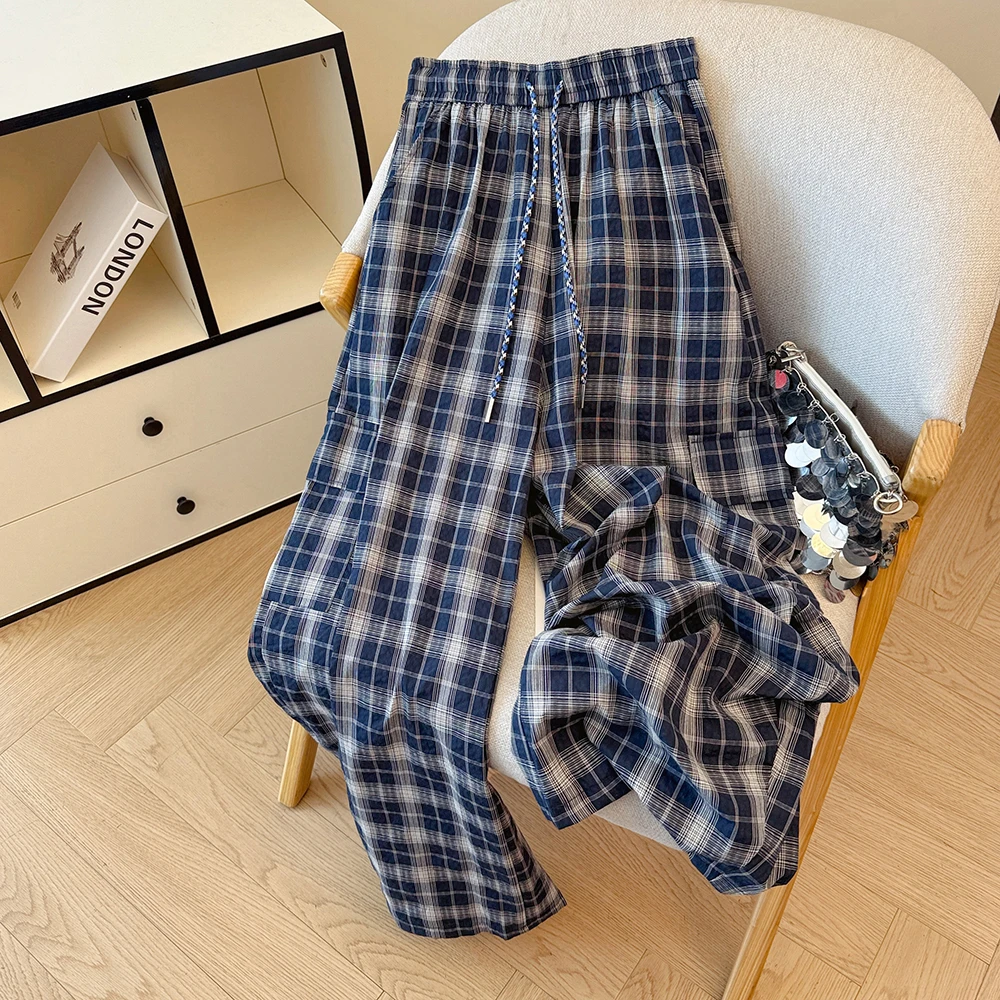 文艺复古慵懒风格子裤女式宽松休闲百搭显瘦遮垮松紧腰系带阔腿裤