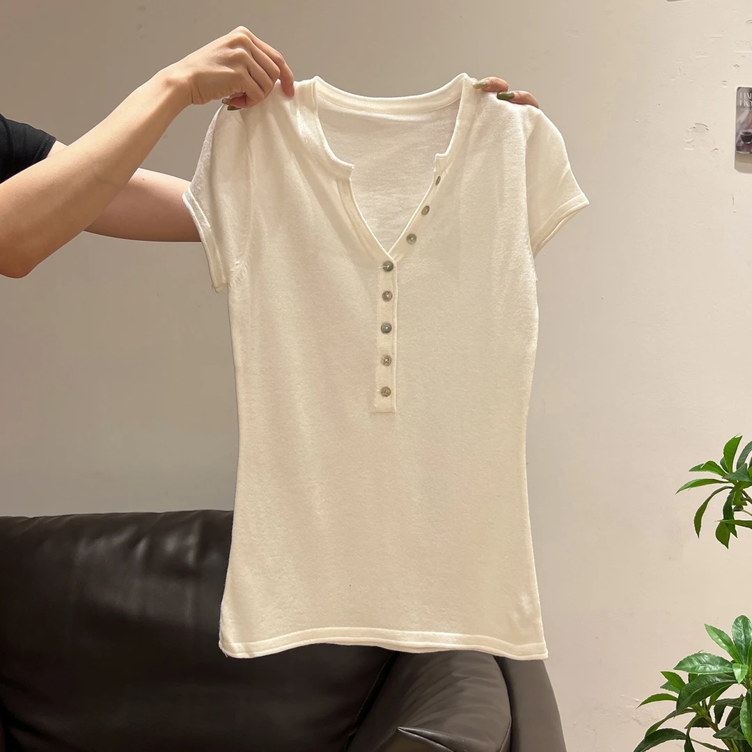 纯欲风辣妹V领短袖针织衫女2025夏季新款修身百搭显瘦高级感上衣