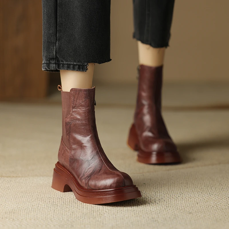 李大龙~牛皮5.5公分/复古秋冬时尚瘦瘦靴百搭真皮圆头英伦风短靴