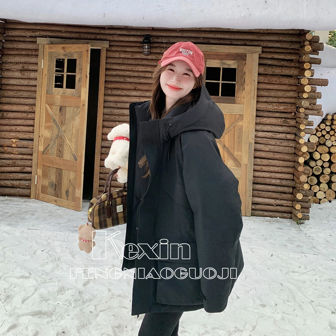 防风黑色保暖连帽加厚女加绒网红休闲风拒污羽绒