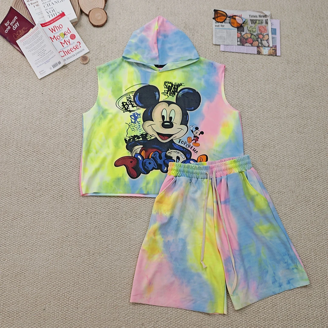 2025夏季新款时尚百搭卡通印花扎染连帽无袖套装3311