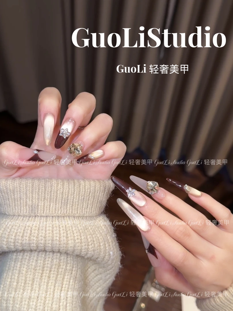 《可可酱》GuoLi纯手工穿戴甲气质堆钻绸缎显白猫眼秋冬御姐纯欲ins