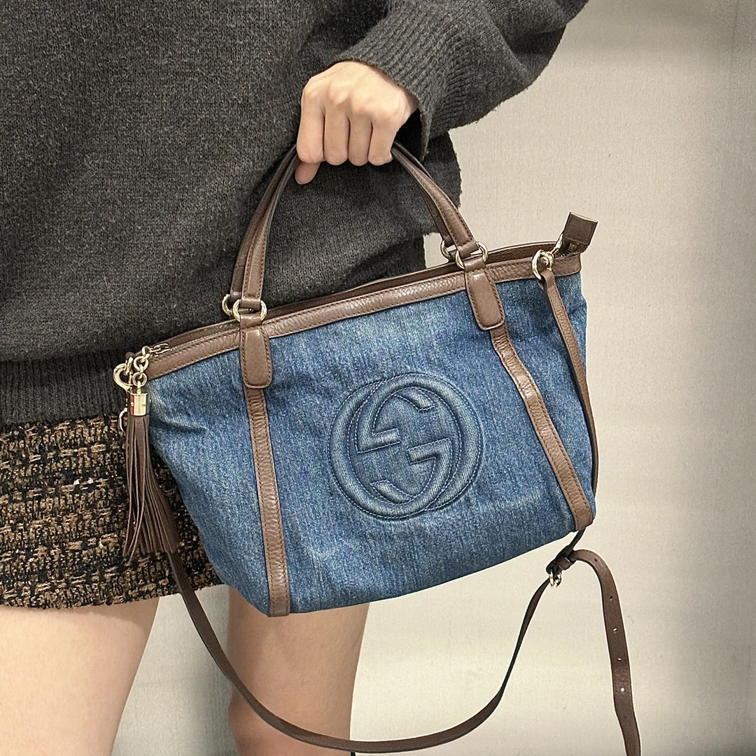 95新 GUCCI/古驰 牛仔丹宁单肩腋下包网