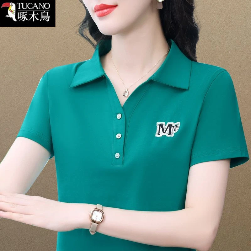 啄木鸟夏季薄款透气纯色短袖T恤2025年时尚女士宽松显瘦翻领上衣