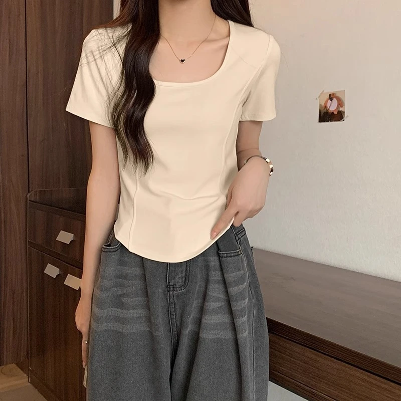 甜辣纯棉正肩短袖t恤女夏季新款修身小众显瘦百搭纯欲风上衣